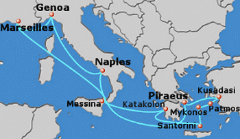 Map of the 10-day Greece, Turkey, Italy & France cruise: round trip from Pireaus to Kusadasi, Patmos, Mykonos, Santorini, Olympia, Messina, Marseilles, Genoa & Naples