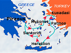 Map of 3-day Greek Islands & Turkey cruise: round trip from Piraeus to Mykonos, Kusadasi, Patmos, Heraklion and Santorini