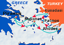 Map of 3-day cruise: round trip from Athens (Piraeus) to Mykonos, Rhodes, Patmos and Kusadasi