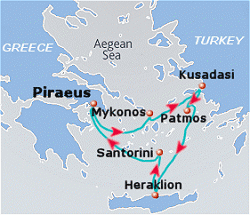 Map of the 3-day Aegean Discovery cruise: round trip from Athens (Piraeus) to Mykonos, Kusadasi, Patmos, Heraklion and Santorini