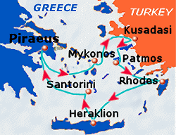 Map of 4-day Greek Islands & Turkey cruise: round trip from Athens (Piraeus) to Mykonos, Kusadasi, Patmos, Rhodes, Heraklion and Santorini