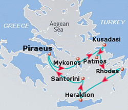Map of 4-day Aegean Classic cruise: round trip from Athens (Piraeus) to Mykonos, Kusadasi, Patmos, Rhodes, Heraklion and Santorini