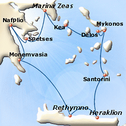 Map of 7-day Classical Greece cruise: round trip from Piraeus to Kea (Tzia), Delos, Mykonos, Santorini, Heraklio, Rethymno, Monemvasia, Nafplio and Spetses