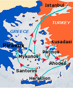 Map of 7-day Greek Islands & Turkey cruise: round trip from Athens (Piraeus) to Istanbul, Mykonos, Patmos, Kusadasi, Rhodes, Agios Nikolaos and Santorini