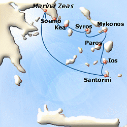 Map of 7-day Classical Greece cruise: round trip from Piraeus to Santorini, Ios, Paros, Mykonos, Syros, Kea and Sounion