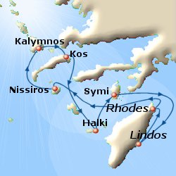 Map of 7-day Grecian Delights cruise: round trip from Rhodes to Nissyros, Kalymnos, Kos, Halki, Symi and Lindos