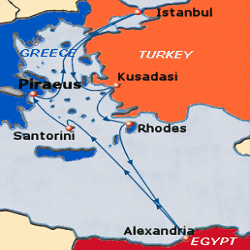 Map of 7-day Mediterranean Legends cruise: round trip from Athens (Piraeus) to Istanbul, Kusadasi, Rhodes, Alexandria & Santorini
