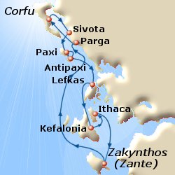 Map of 7-day Ionian Odyssey cruise: round trip from Corfu to Sivota, Paxos, Antipaxos, Lefkas, Kefalonia, Ithaca, Zante and Parga
