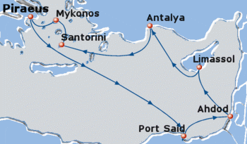 Map of the 7-day cruise to 3 continents and 5 countries; Europe: Greece, Cyprus, Asia: Egypt, Turkey, Africa: Egypt