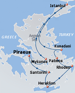 Map of 7-day Golden Fleece cruise: round trip from Piraeus (Athens) to Santorini, Heraklio, Rhodes, Patmos, Kusadasi, Istanbul & Mykonos