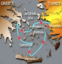Map of 3-day Golden Splendour cruise: round trip from Athens (Piraeus) to Mykonos, Kusadasi, Patmos, Heraklion and Santorini