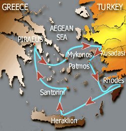 Map of 4-day Golden Classic cruise: round trip from Athens (Piraeus) to Mykonos, Kusadasi, Patmos, Rhodes, Heraklion and Santorini